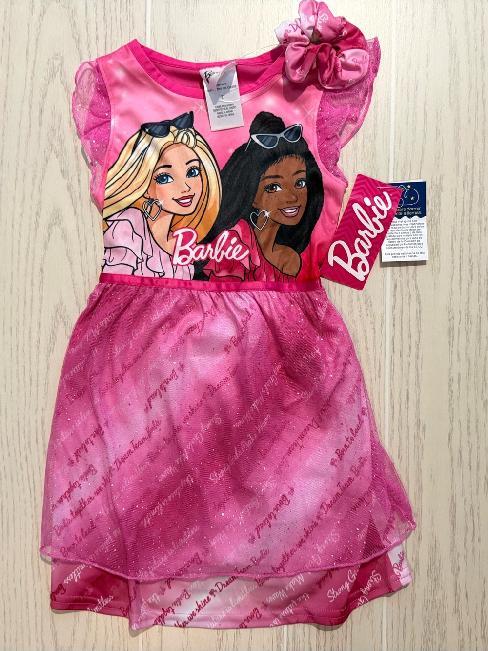 Barbie Girls 2T Pink Fantasy Tulle Nightgown Sleep Dress Scrunchies NWT